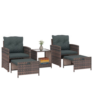 5 Piece Patio Furniture Set, Wicker Patio Chairs with Ottomans, 2-Tier Glass Coffee Table, Cushions, Outdoor Patio Furniture Conversation Set for Balcony, Brown/Dark Grey
