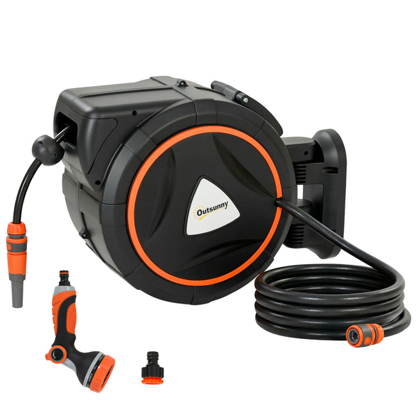 Retractable Hose Reel Wall Mounted, 28+2m Garden Hose Pipe Reel with Auto Retraction, Self-Locking, Slow Return System, 180° Swivel Bracket, 12-Pattern Nozzles and Faucet Adaptor, Orange