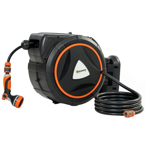 Retractable Hose Reel Wall Mounted, 28+2m Garden Hose Pipe Reel with Auto Retraction, Self-Locking, Slow Return System, 180° Swivel Bracket, 12-Pattern Nozzles and Faucet Adaptor, Orange