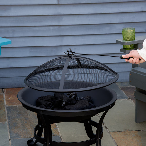 21.7" x 21.7" x 19.7" Outdoor Fire Pit with Mesh Lid, Wood Burner, Log Burning Bowl with Poker for Patio, Backyard, Black