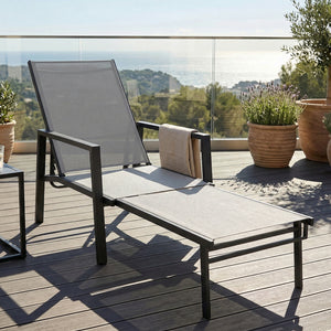 Sun Lounger with Retracable Footrest, 5-Position Adjustable Reclining Garden Lounger, Garden Chaise Lounge Sunbed Recliner Chair with Steel Frame for Beach, Porch, Patio, Camping, Dark Grey