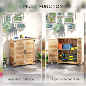 Garden Storage Cabinet, Outdoor Potting Bench Table with Metal Tabletop and Shelf, Wooden Tool Shed with Double Doors, Natural