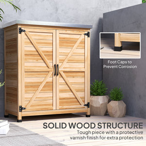 Garden Storage Cabinet, Outdoor Potting Bench Table with Metal Tabletop and Shelf, Wooden Tool Shed with Double Doors, Natural