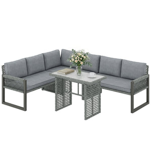 6 Seater Rattan Garden Furniture Set with 3 Loveseats, Glass-Top Table, 4 Piece Outdoor Dining Patio Rattan Furniture Corner Sofa Set with Cushions for Conservatory, Grey