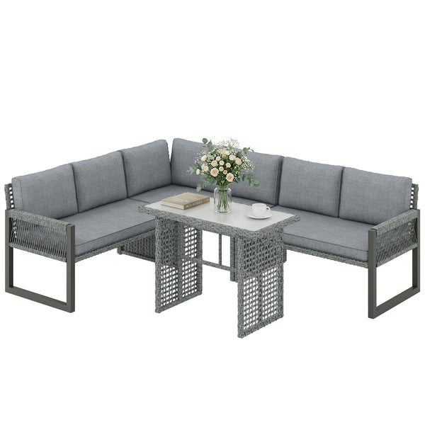 6 Seater Rattan Garden Furniture Set with 3 Loveseats, Glass-Top Table, 4 Piece Outdoor Dining Patio Rattan Furniture Corner Sofa Set with Cushions for Conservatory, Grey