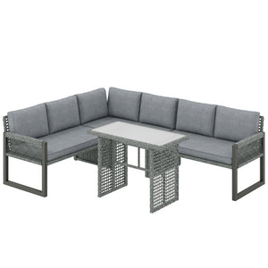 6 Seater Rattan Garden Furniture Set with 3 Loveseats, Glass-Top Table, 4 Piece Outdoor Dining Patio Rattan Furniture Corner Sofa Set with Cushions for Conservatory, Grey