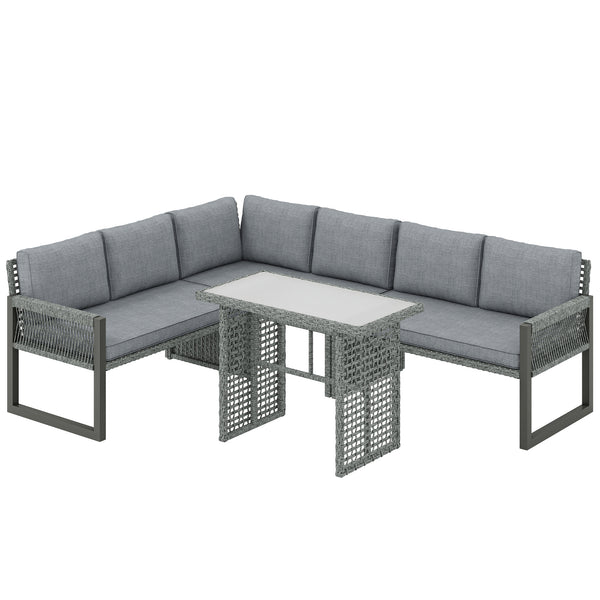 6 Seater Rattan Garden Furniture Set with 3 Loveseats, Glass-Top Table, 4 Piece Outdoor Dining Patio Rattan Furniture Corner Sofa Set with Cushions for Conservatory, Grey