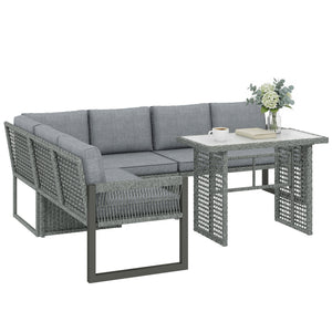 6 Seater Rattan Garden Furniture Set with 3 Loveseats, Glass-Top Table, 4 Piece Outdoor Dining Patio Rattan Furniture Corner Sofa Set with Cushions for Conservatory, Grey
