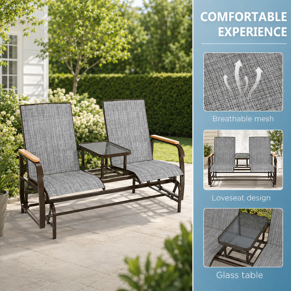 Outdoor 2-Person Glider Bench, Breathable Swing Glider Chair Loveseat with Table, Grey