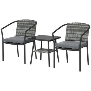3 Piece Wicker Patio Furniture Set, PE Rattan Bistro Set with Armchairs, 2-Tier Glass-Top Table, Cushions, Outdoor Conversation Furniture for Porch, Balcony, Dark Grey