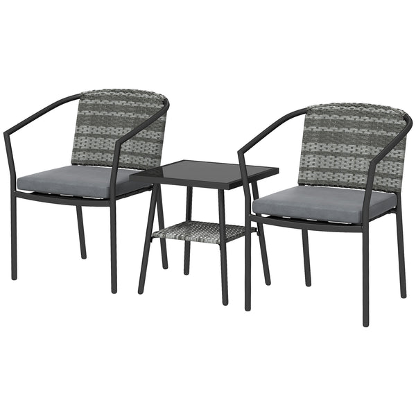 3 Piece Wicker Patio Furniture Set, PE Rattan Bistro Set with Armchairs, 2-Tier Glass-Top Table, Cushions, Outdoor Conversation Furniture for Porch, Balcony, Dark Grey