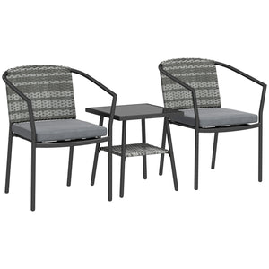 3 Piece Wicker Patio Furniture Set, PE Rattan Bistro Set with Armchairs, 2-Tier Glass-Top Table, Cushions, Outdoor Conversation Furniture for Porch, Balcony, Dark Grey