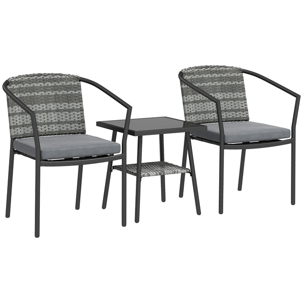 3 Piece Wicker Patio Furniture Set, PE Rattan Bistro Set with Armchairs, 2-Tier Glass-Top Table, Cushions, Outdoor Conversation Furniture for Porch, Balcony, Dark Grey