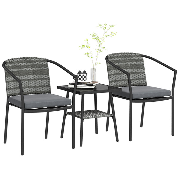 3 Piece Wicker Patio Furniture Set, PE Rattan Bistro Set with Armchairs, 2-Tier Glass-Top Table, Cushions, Outdoor Conversation Furniture for Porch, Balcony, Dark Grey