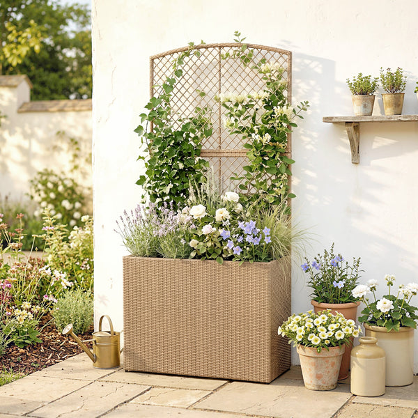 Garden Planter with Trellis, Rattan Raised Beds for Garden with Liner, Freestanding Outdoor Planter Box for Climbing Plants, Herbs, Vegetables, Flowers, 80 x 30 x 163 cm, Light Grey