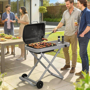 Foldable Gas BBQ Grill with Side Table, Portable Gas Barbecue Grill with Folding Trolley, Thermometer, Grease Box, Wheels for Garden Party Camping Picnic Outdoor Cooking, 2.5 kW, Black