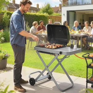 Foldable Gas BBQ Grill with Side Table, Portable Gas Barbecue Grill with Folding Trolley, Thermometer, Grease Box, Wheels for Garden Party Camping Picnic Outdoor Cooking, 2.5 kW, Black