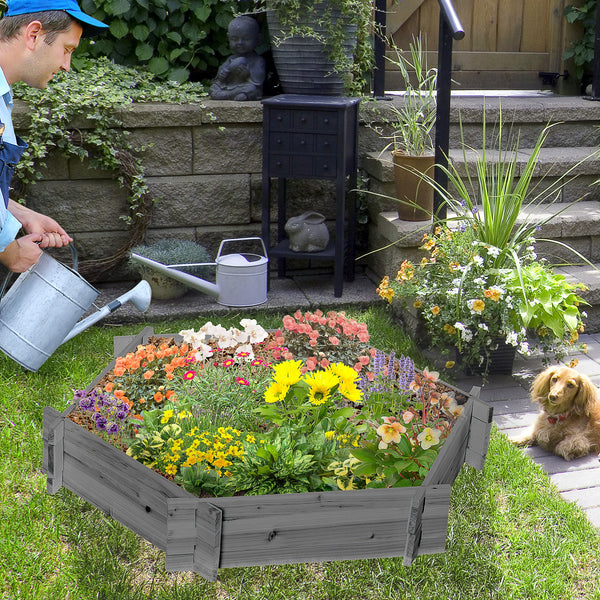 Outsunny Wooden Raised Garden Bed, Hexagon Screwless Planters for Outdoor Plants, Vegetables, Flowers, Herbs, 39" x 36" x 6", Gray