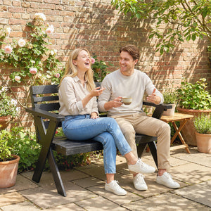 2 Seater Wooden Garden Bench, Slatted Patio Bench with Armrest and Backrest, Outdoor Furniture with X-Frame Legs for Park, Balcony, Terrace, Black