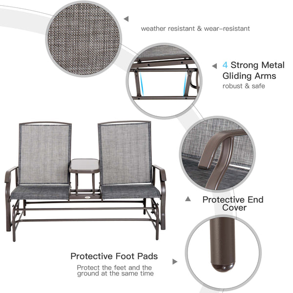 Outsunny Outdoor Glider Bench with Center Table, Metal Frame Patio Loveseat with Breathable Mesh Fabric and Armrests for Backyard Garden Porch, Gray