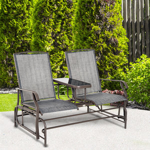 Outsunny Outdoor Glider Bench with Center Table, Metal Frame Patio Loveseat with Breathable Mesh Fabric and Armrests for Backyard Garden Porch, Gray