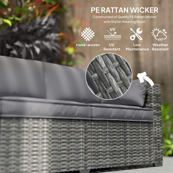 Outsunny 3 Seater Wicker Sofa with Side Tray Tables, Rattan Outdoor Patio Sofa with 6" Thick Back Cushions, Outdoor Wicker Couch with Deep Seating, Pillows for Porch, Garden, Backyard, Mixed Gray