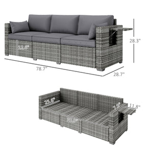 Outsunny 3 Seater Wicker Sofa with Side Tray Tables, Rattan Outdoor Patio Sofa with 6" Thick Back Cushions, Outdoor Wicker Couch with Deep Seating, Pillows for Porch, Garden, Backyard, Mixed Gray