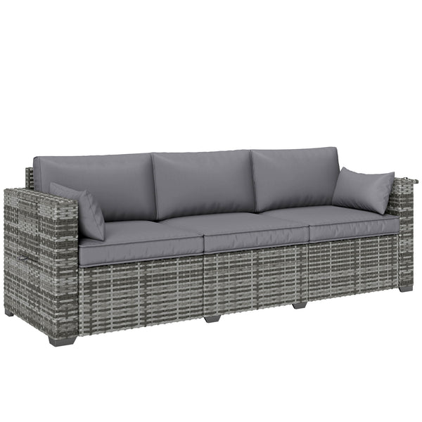 Outsunny 3 Seater Wicker Sofa with Side Tray Tables, Rattan Outdoor Patio Sofa with 6" Thick Back Cushions, Outdoor Wicker Couch with Deep Seating, Pillows for Porch, Garden, Backyard, Mixed Gray