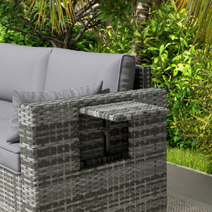 Outsunny 3 Seater Wicker Sofa with Side Tray Tables, Rattan Outdoor Patio Sofa with 6" Thick Back Cushions, Outdoor Wicker Couch with Deep Seating, Pillows for Porch, Garden, Backyard, Mixed Gray