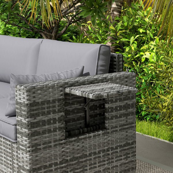 Outsunny 3 Seater Wicker Sofa with Side Tray Tables, Rattan Outdoor Patio Sofa with 6" Thick Back Cushions, Outdoor Wicker Couch with Deep Seating, Pillows for Porch, Garden, Backyard, Mixed Gray