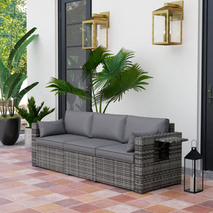 Outsunny 3 Seater Wicker Sofa with Side Tray Tables, Rattan Outdoor Patio Sofa with 6" Thick Back Cushions, Outdoor Wicker Couch with Deep Seating, Pillows for Porch, Garden, Backyard, Mixed Gray