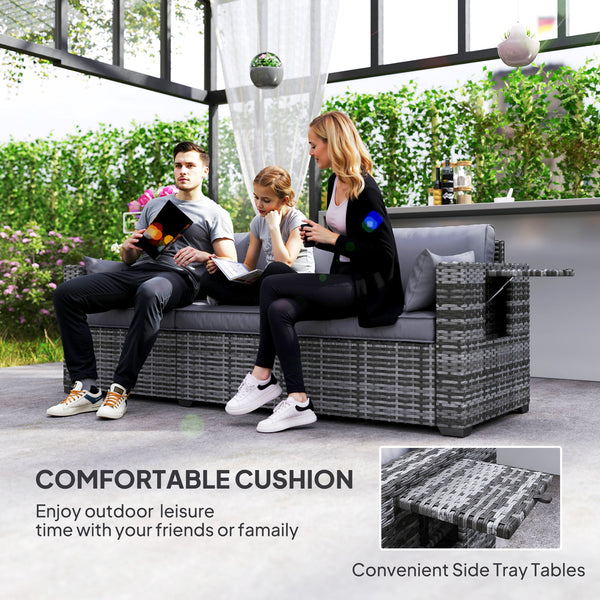 Outsunny 3 Seater Wicker Sofa with Side Tray Tables, Rattan Outdoor Patio Sofa with 6" Thick Back Cushions, Outdoor Wicker Couch with Deep Seating, Pillows for Porch, Garden, Backyard, Mixed Gray