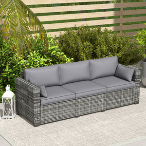 Outsunny 3 Seater Wicker Sofa with Side Tray Tables, Rattan Outdoor Patio Sofa with 6" Thick Back Cushions, Outdoor Wicker Couch with Deep Seating, Pillows for Porch, Garden, Backyard, Mixed Gray