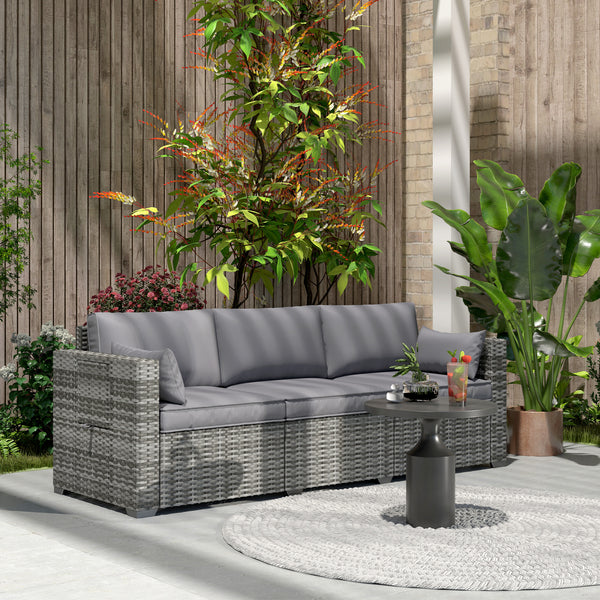 Outsunny 3 Seater Wicker Sofa with Side Tray Tables, Rattan Outdoor Patio Sofa with 6" Thick Back Cushions, Outdoor Wicker Couch with Deep Seating, Pillows for Porch, Garden, Backyard, Mixed Gray