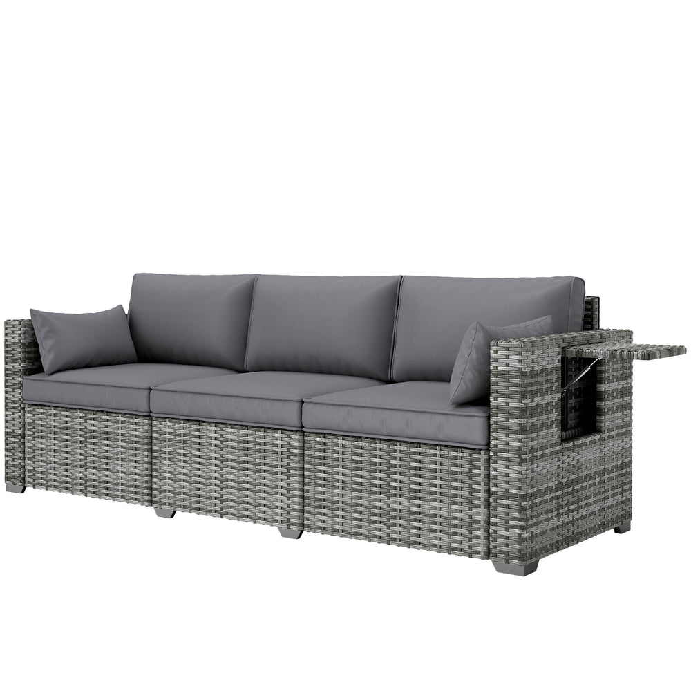 Outsunny 3 Seater Wicker Sofa with Side Tray Tables, Rattan Outdoor Patio Sofa with 6" Thick Back Cushions, Outdoor Wicker Couch with Deep Seating, Pillows for Porch, Garden, Backyard, Mixed Gray