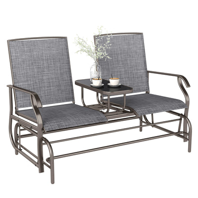 2 Seats Garden Glider Bench, Metal Frame Loveseat with Glass Top  Centre Table, Porch Rocking Glider for 2 Person, for Deck, Patio, Brown/ Grey