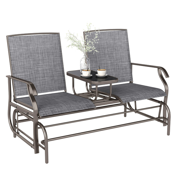 2 Seats Garden Glider Bench, Metal Frame Loveseat with Glass Top  Centre Table, Porch Rocking Glider for 2 Person, for Deck, Patio, Brown/ Grey