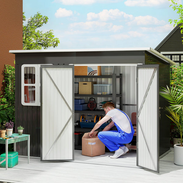 8.5' x 6' Outdoor Storage Shed, Galvanised Steel Garden Shed with Window, Lockable Wide Door and Air Vents for Outdoor Patio, Dark Grey