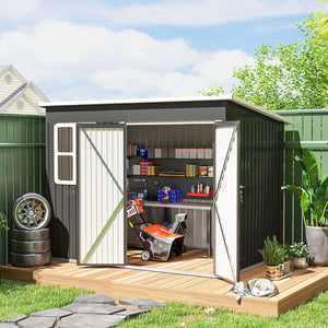 8.5' x 6' Outdoor Storage Shed, Galvanised Steel Garden Shed with Window, Lockable Wide Door and Air Vents for Outdoor Patio, Dark Grey