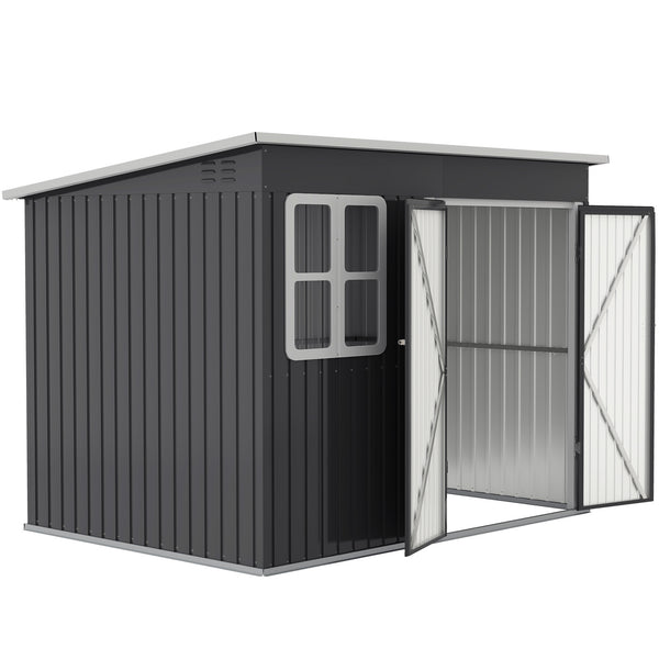 8.5' x 6' Outdoor Storage Shed, Galvanised Steel Garden Shed with Window, Lockable Wide Door and Air Vents for Outdoor Patio, Dark Grey
