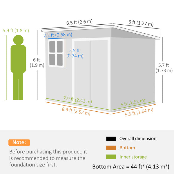 8.5' x 6' Outdoor Storage Shed, Galvanised Steel Garden Shed with Window, Lockable Wide Door and Air Vents for Outdoor Patio, Dark Grey