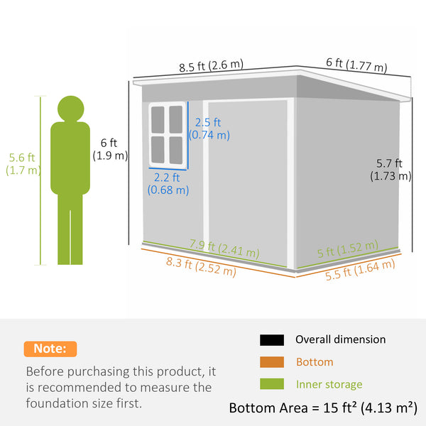8.5' x 6' Outdoor Storage Shed, Galvanised Steel Garden Shed with Window, Lockable Wide Door and Air Vents for Outdoor Patio, Dark Grey