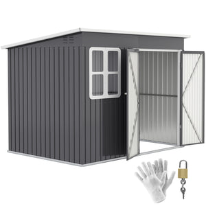 8.5' x 6' Outdoor Storage Shed, Galvanised Steel Garden Shed with Window, Lockable Wide Door and Air Vents for Outdoor Patio, Dark Grey