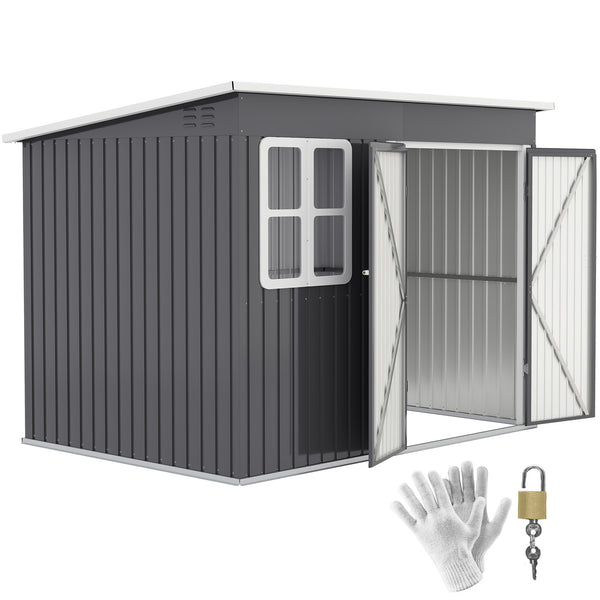 8.5' x 6' Outdoor Storage Shed, Galvanised Steel Garden Shed with Window, Lockable Wide Door and Air Vents for Outdoor Patio, Dark Grey
