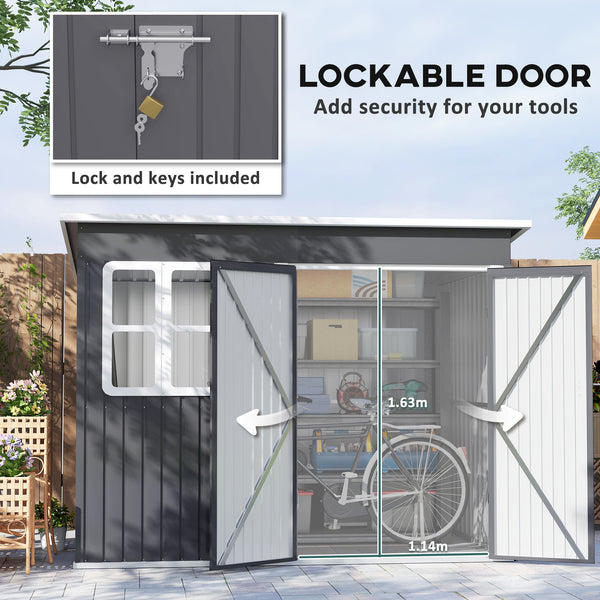 8.5' x 6' Outdoor Storage Shed, Galvanised Steel Garden Shed with Window, Lockable Wide Door and Air Vents for Outdoor Patio, Dark Grey