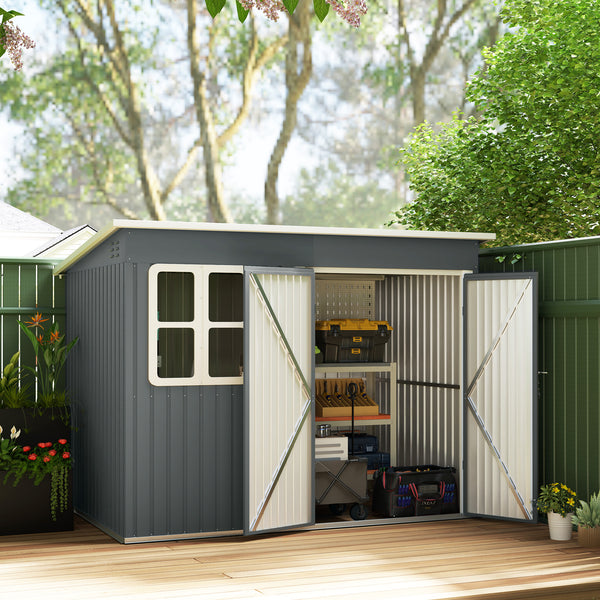 8.5' x 6' Outdoor Storage Shed, Galvanised Steel Garden Shed with Window, Lockable Wide Door and Air Vents for Outdoor Patio, Dark Grey
