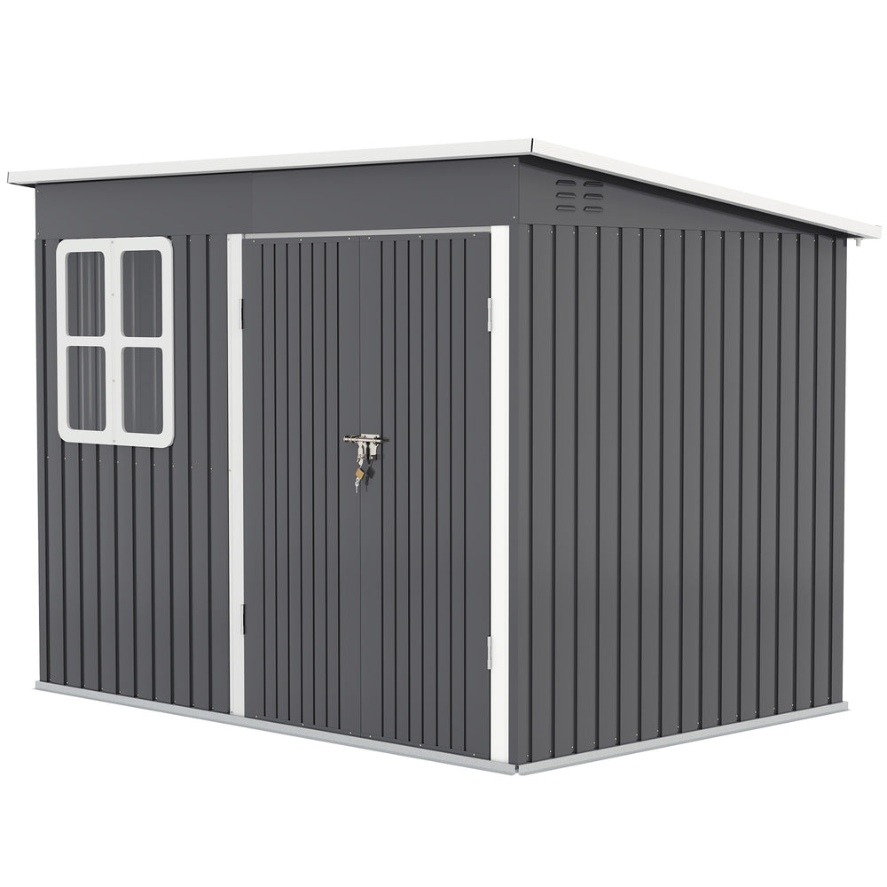 8.5' x 6' Outdoor Storage Shed, Galvanised Steel Garden Shed with Window, Lockable Wide Door and Air Vents for Outdoor Patio, Dark Grey