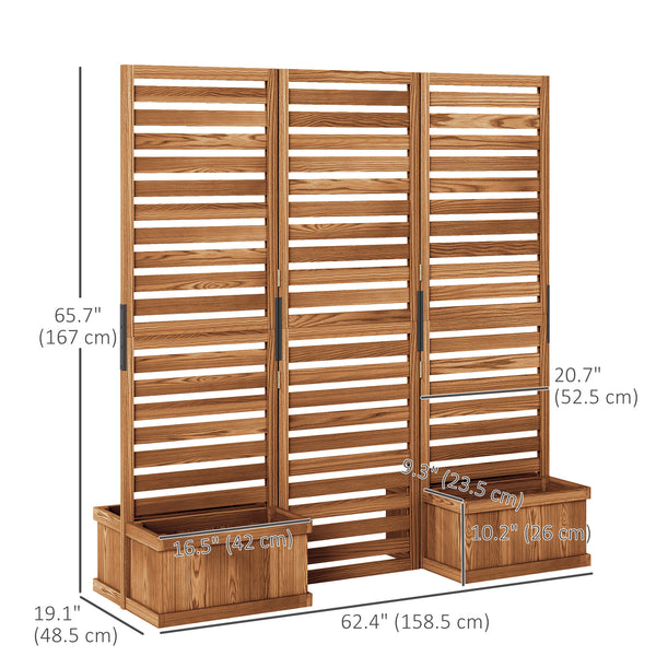 Freestanding Outdoor Privacy Screen, 4 Self-Draining Planters / Raised Garden Beds, 3 Hinged Panels for Hot Tub, Patio, Backyard, Deck, Natural