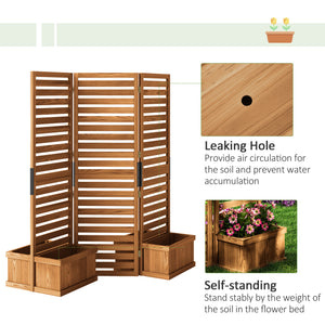 Freestanding Outdoor Privacy Screen, 4 Self-Draining Planters / Raised Garden Beds, 3 Hinged Panels for Hot Tub, Patio, Backyard, Deck, Natural