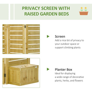 Outsunny Freestanding Outdoor Privacy Screen, 4 Self-Draining Planters / Raised Garden Beds, 3 Hinged Panels for Hot Tub, Patio, Backyard, Deck, Natural